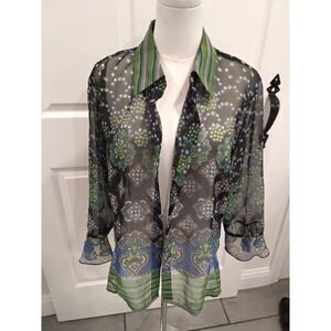 Nicola Women XL Sheer Paisley Floral Button Down Blouse Green Blue 3/4 Sleeve